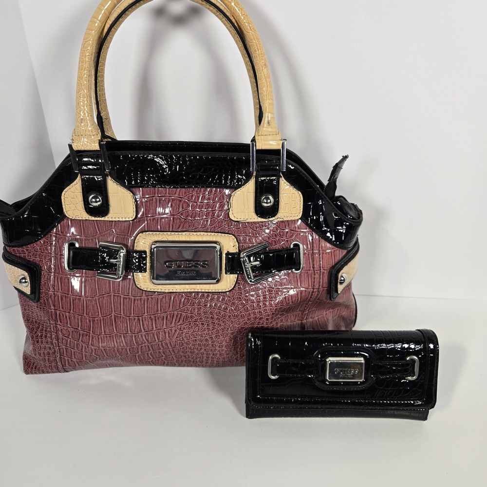 GUESS Satchel & Wallet Set Faux Leather Women Large Purple Black Croc Embossed